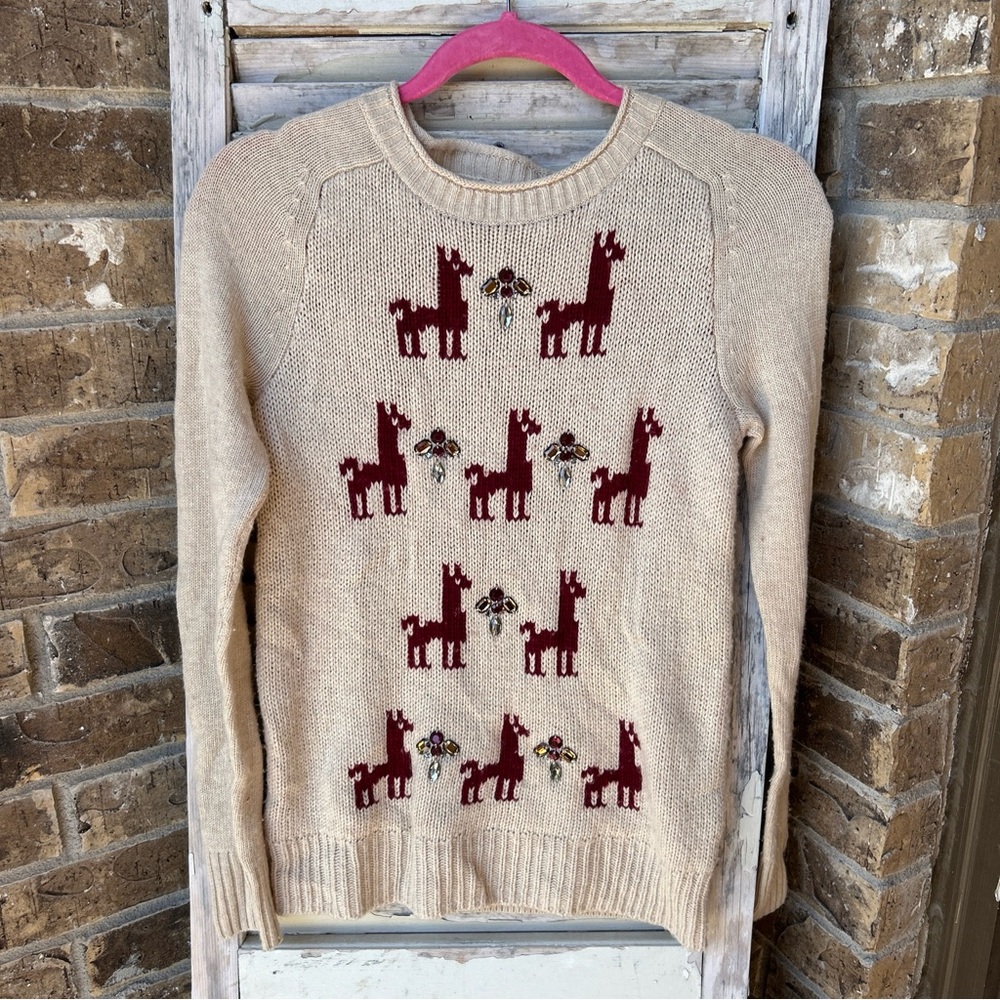J. Crew Womens Wool Sweater XXS Tan Llama Intarsia Pullover Embellished.